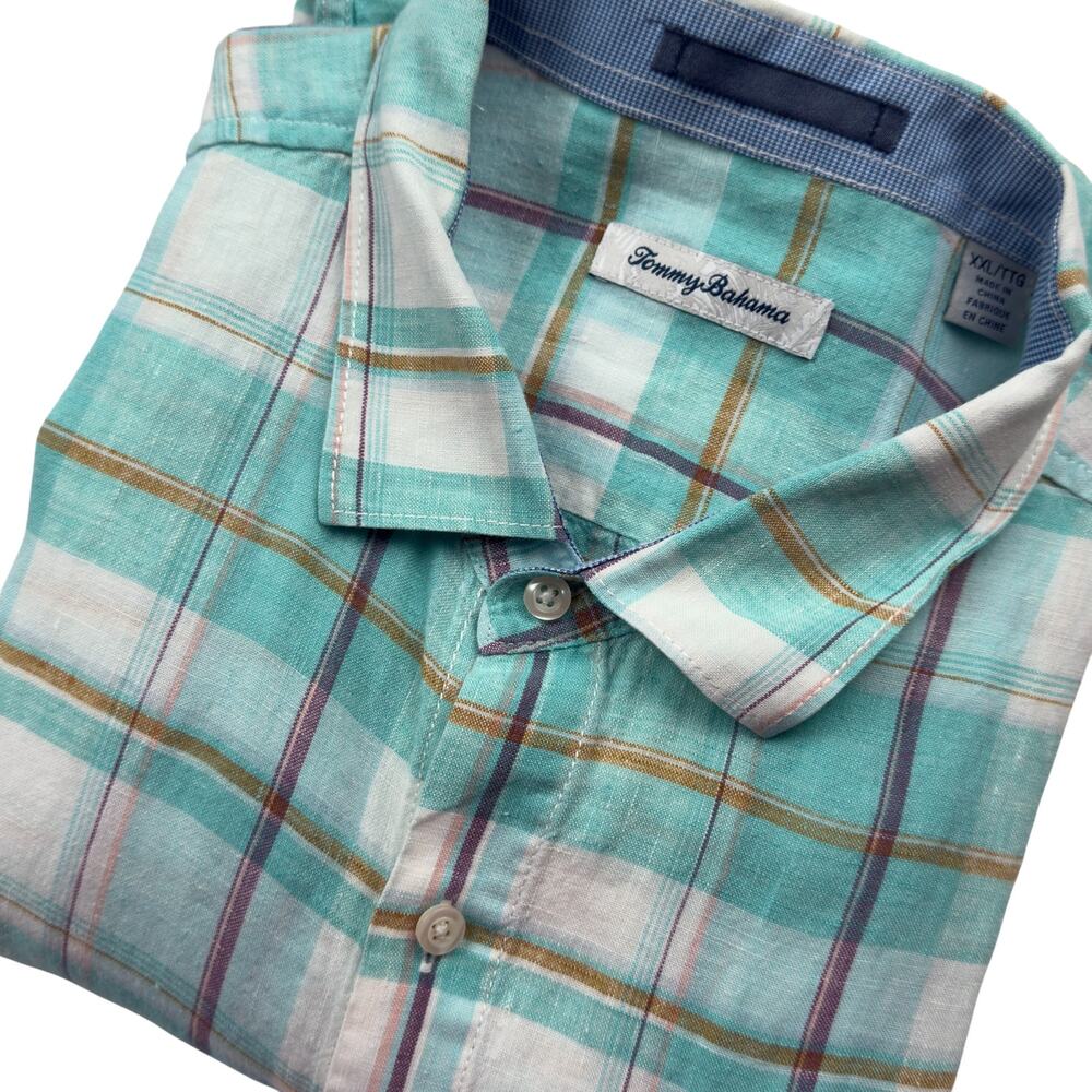 Tommy Bahama 100% Linen Green Plaid Short Sleeve Shirt